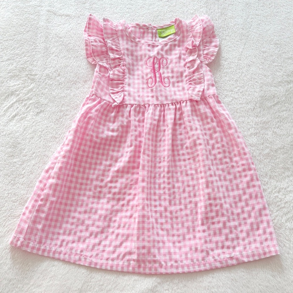 Classic Whimsy‎ Pink Gingham Dress Girls 3T Monogram "K" Ruffle Boutique Easter